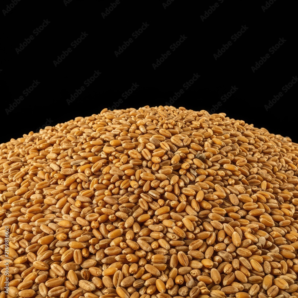 Obraz premium Golden wheat kernels piled high after a successful autumn harvest season, illustrating abundant agricultural output and food production ,bounty ,staple ,season