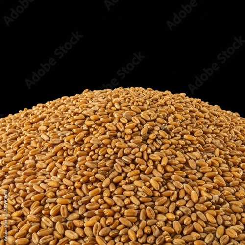 Golden wheat kernels piled high after a successful autumn harvest season, illustrating abundant agricultural output and food production ,bounty ,staple ,season