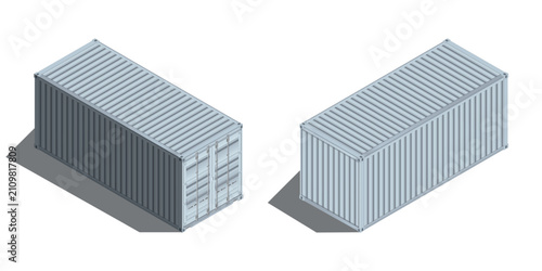 Two isometric white shipping containers view from front and back isolated on white background