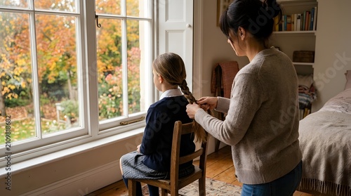 Mother Braiding Daughter?s Hair by Window During Autumn