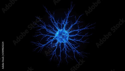 Blue Neuron with Branching Dendrites on Black Background