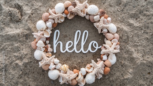 Seashell wreath with 'hello' on sandy background