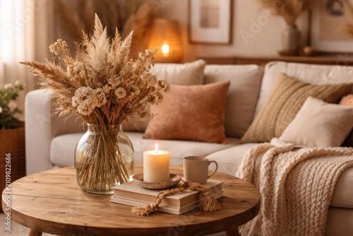 Dried Flower Bouquet with Candle on Coffee Table in Cozy Living Room