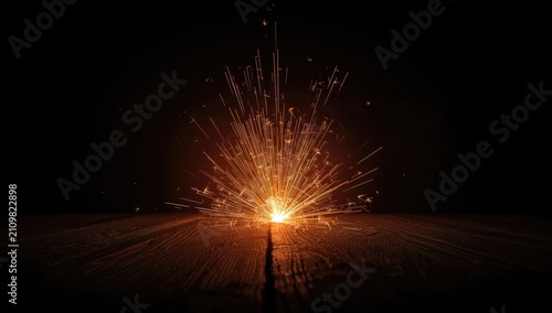 Fotografie Sparkler Emitting Bright Sparks on Dark Background with Wooden Surface