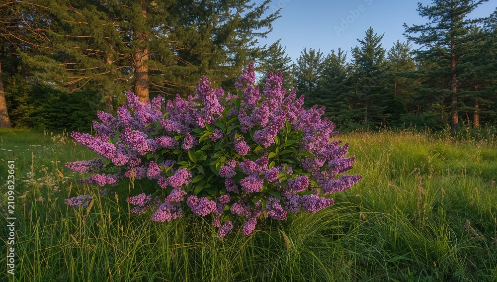 Obraz premium Lilac Bush in Full Bloom Surrounded by Green Grass and Trees at Sunset