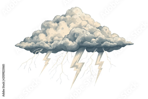 Storm cloud producing lightning bolts and thunder, creating an electrical weather phenomenon, energy drawing on transparent background