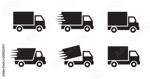 Fotografi Speedy delivery van silhouette icons set for rapid shipping service and logistics transportation web