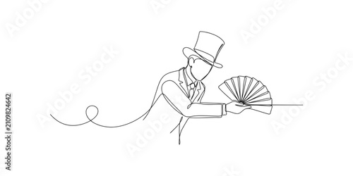 Continuous single line drawing of a magician wearing a top hat and holding a folding hand fan