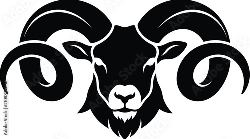 Black and white vector silhouette illustration of a majestic ram head with large curled horns