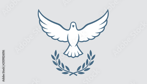 White dove of peace flying above a laurel wreath, representing harmony, hope, freedom, and international peace.