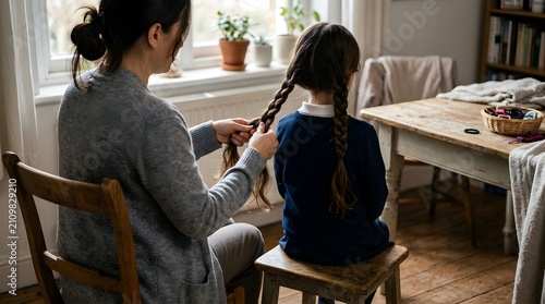 Mother Braiding Daughter?s Hair in Cozy Home