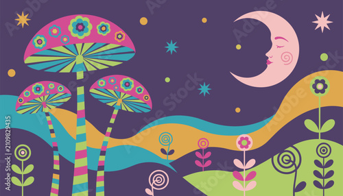 Psychedelic fantasy landscape at night with colorful trippy mushrooms, a smiling crescent moon, retro flowers, and bright stars in a purple sky.