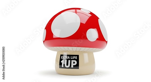Red and white mushroom with 1up extra life text