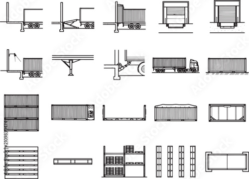 A detailed set of technical drawings illustrates various shipping container configurations, transport trailers, loading docks, and storage racks, showcasing logistical and industrial components.
