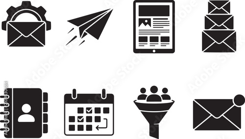 Black and white flat icons set of communication and productivity