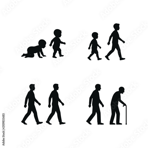 Foto Silhouettes depict the progression of human life from infancy crawling to adulth