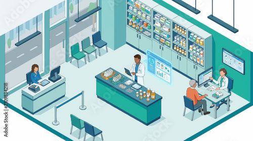 Obraz na płótnie Modern pharmacy interior with staff and customers.