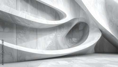 Abstract architectural background featuring smooth flowing white concrete walls with fluid curves and modern parametric design elements.