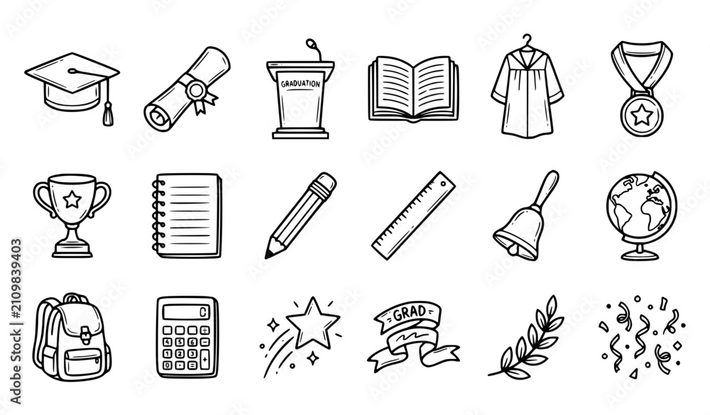 Fototapeta premium Hand Drawn Graduation Doodle Icons with Diploma Scroll Cap and School Equipment Black White Vector