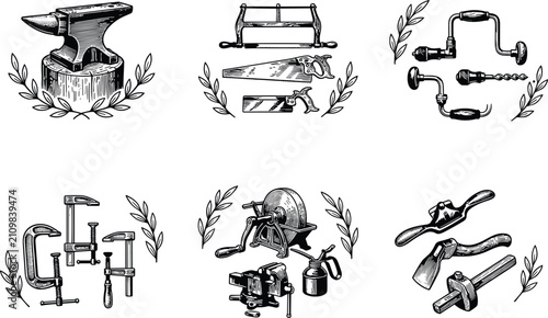 Fotografia Vintage hand tools set with anvil saws hand drill clamps grindstone vice spokeshave engraving line art vector illustration