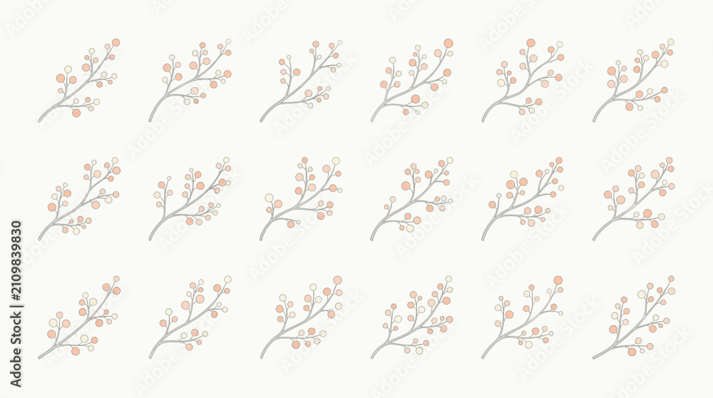 Fototapeta premium Seamless pattern of minimalist hand drawn botanical branches with small berries in pastel peach and beige colors on a plain light background for elegant wedding stationery or scrapbooking