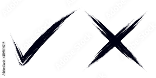 Check tick mark icon set. Cross box x check mark checkbox list vector draw hand drawn sketch doodle brush marker checklist symbol wrong right circle. hand drawn, grunge X sign. hand drawn tick mark.