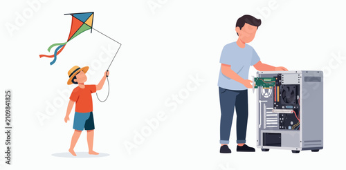 Adult teaching child about computer hardware while flying kite outside