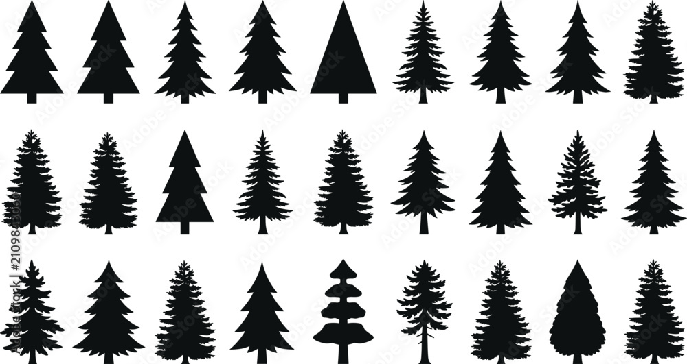 Obraz premium Pine tree silhouette collection, coniferous forest evergreens, fir and spruce icons, winter nature elements, forest timber, christmas trees, cedar plants.