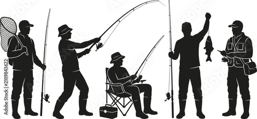 Schilderij op canvas Professional fishermen silhouettes with fishing rods, landing nets, tackle boxes