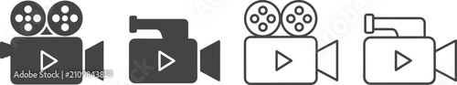 Photos Professional movie camera icons, video production symbols, cinema film equipment, digital camcorder silhouette, media recording graphic elements, cinematography tools, playback