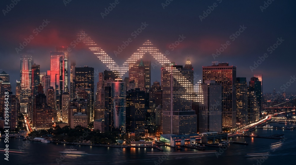 Fototapeta premium Cinematic view of a futuristic city skyline at night with a glowing V-shaped light pattern in the clouds above illuminated skyscrapers and waterfront.