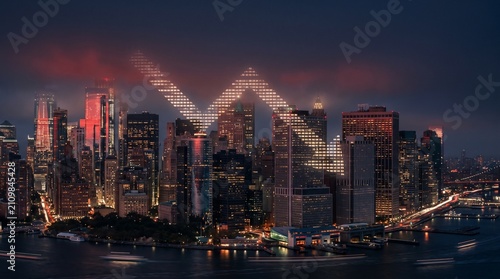 Cinematic view of a futuristic city skyline at night with a glowing V-shaped light pattern in the clouds above illuminated skyscrapers and waterfront.