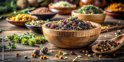 Aromatic Herbal Blend in Rustic Wooden Bowl, Surrounded by Assorted Dried Botanicals and Herbs on Weathered Wooden Surface