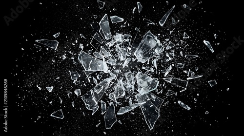 Dynamic explosion of transparent glass fragments scattering against a solid black background with explosion shattered fragments