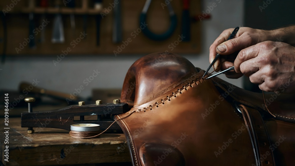 Obraz premium Expert cobbler stitching and repairing leather shoes in workshop setting