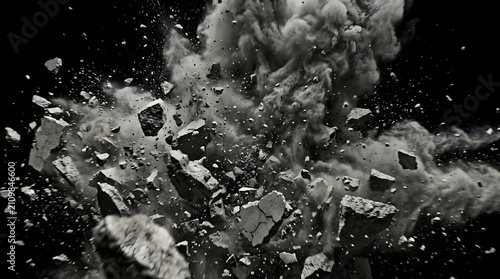 Massive explosion of stone boulders and dark dust clouds isolated on a black background with explosion boulders fragments abstract
