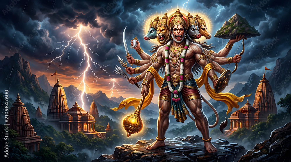 Fototapeta premium Mythical warrior god with multiple arms wielding weapons and symbols amidst stormy mountain landscape with ancient temples and