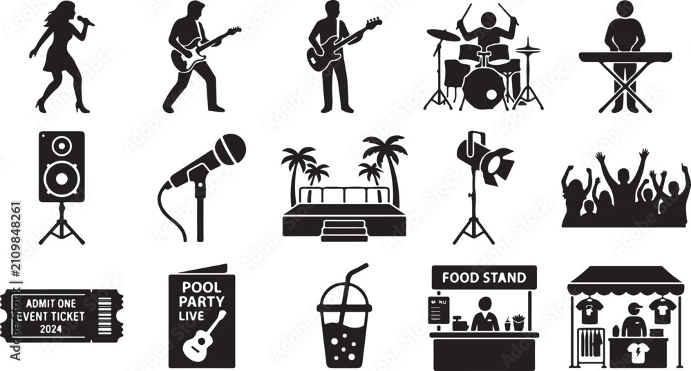 Naklejka premium Set of black silhouette representing a music festival, featuring performers, musical instruments, stage equipment, a cheering crowd, event tickets, food stands, and merchandise stalls