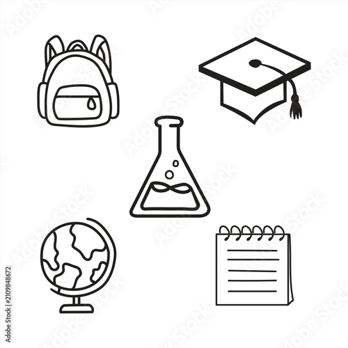 Hand Drawn School Education Doodle Icons Set - Graduation Cap, Backpack, Globe, Notebook, Flask, Bus, Scissors, Ruler, Apple, Clock Vector Outline Collection
