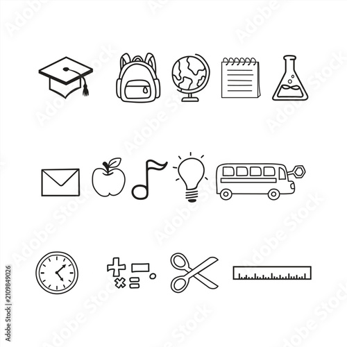 Hand Drawn School Education Doodle Icons Set - Graduation Cap, Backpack, Globe, Notebook, Flask, Bus, Scissors, Ruler, Apple, Clock Vector Outline Collection