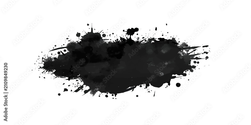 Obraz premium Abstract Black Ink Splat Grunge Background with Paint Splash Splatter Stain Spray Drip Texture Frame Vector Illustration Design Element.