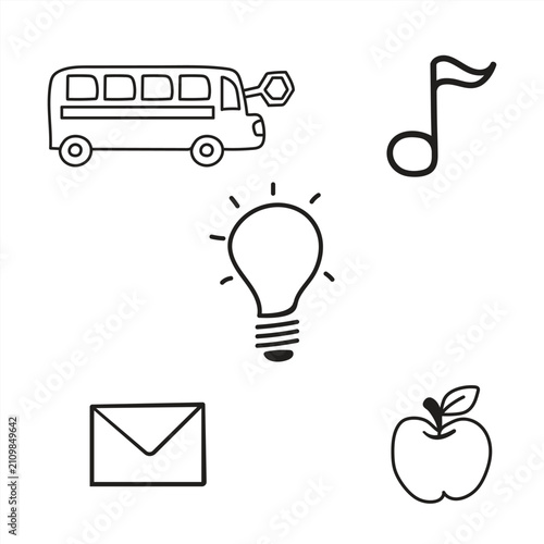Hand Drawn School Education Doodle Icons Set - Graduation Cap, Backpack, Globe, Notebook, Flask, Bus, Scissors, Ruler, Apple, Clock Vector Outline Collection