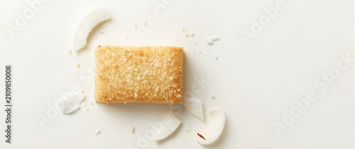Foto Coconut Dessert Bar Surrounded by Coconut Flakes on White Background