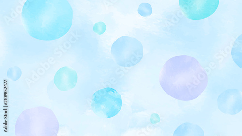 水彩で描いた水色や紫の丸が浮かぶ、明るく爽やかな抽象背景素材