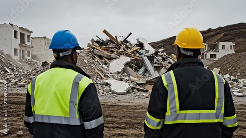 Engineers in safety gear inspect demolition debris and disaster site, assessing structural damage, reconstruction planning, emergency response, urban recovery, and construction safety.