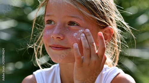 Fillette souriante appliquant de la crème solaire sur son visage en été