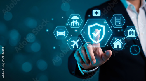 Businessman interacting with futuristic digital interface to select comprehensive insurance coverage options