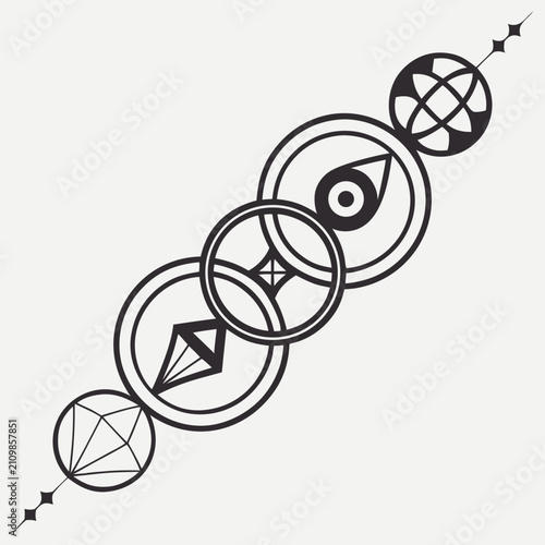Intricate linear cosmic diagram featuring celestial spheres and sacred geometry symbols arranged on diagonal axis with crystalline shapes and orbital rings for branding.