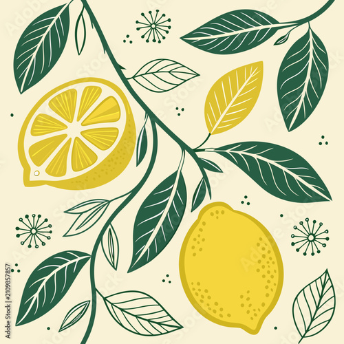 Stylized lemon branch illustration featuring whole and sliced lemons with decorative leaves and abstract floral elements on a light background.