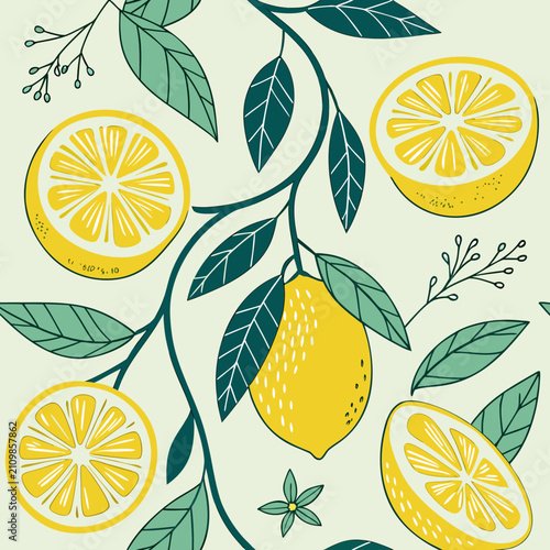 Fresh lemons and green leaves on branches vector illustration, vibrant citrus fruit slices and whole lemons with natural foliage on light background, simple flat design pattern.